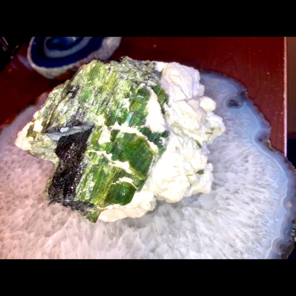 Green Apophyllite with Coated Calcite on Black Chalcedony
